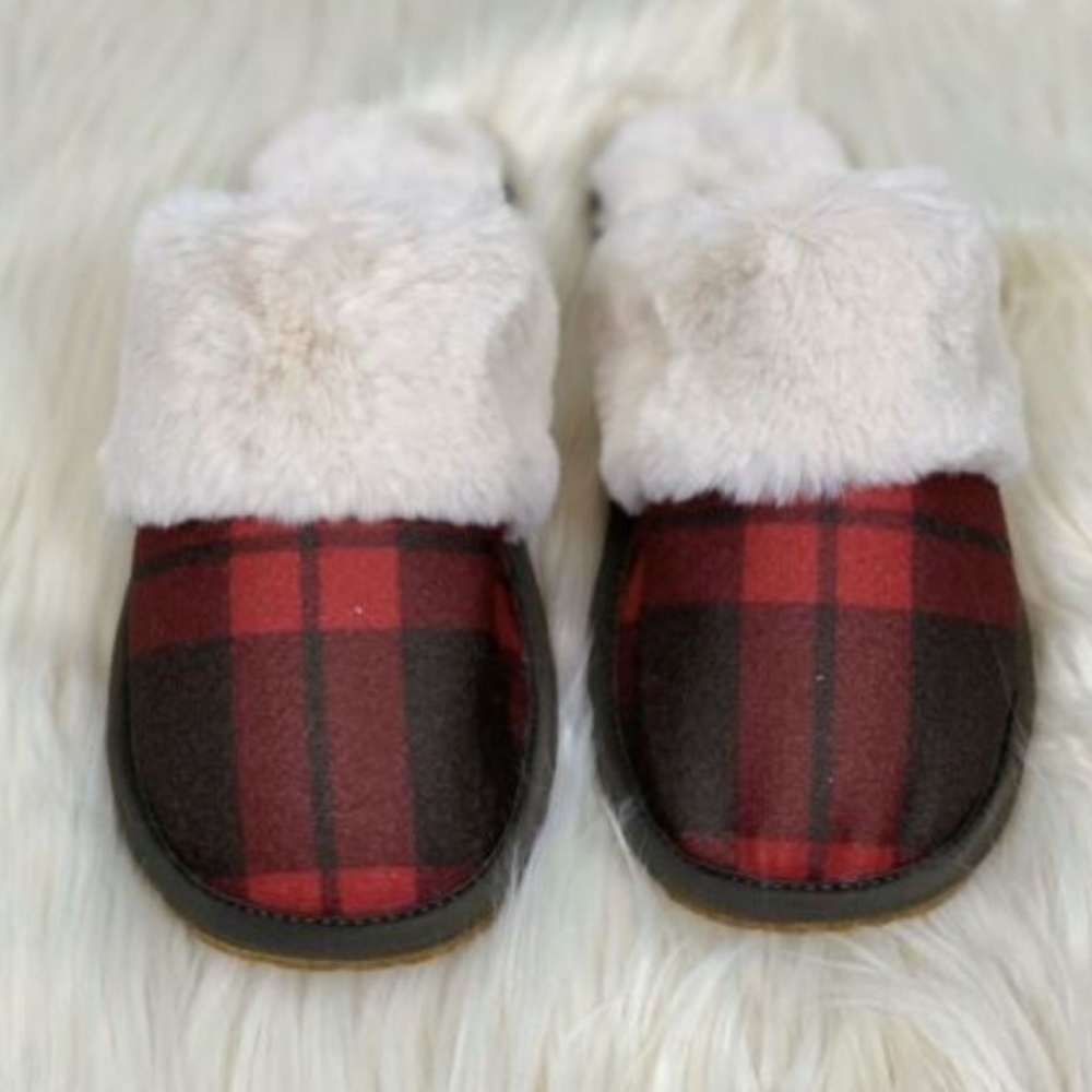 Coach Red Plaid ZIVA Faux Fur Lined Slipper